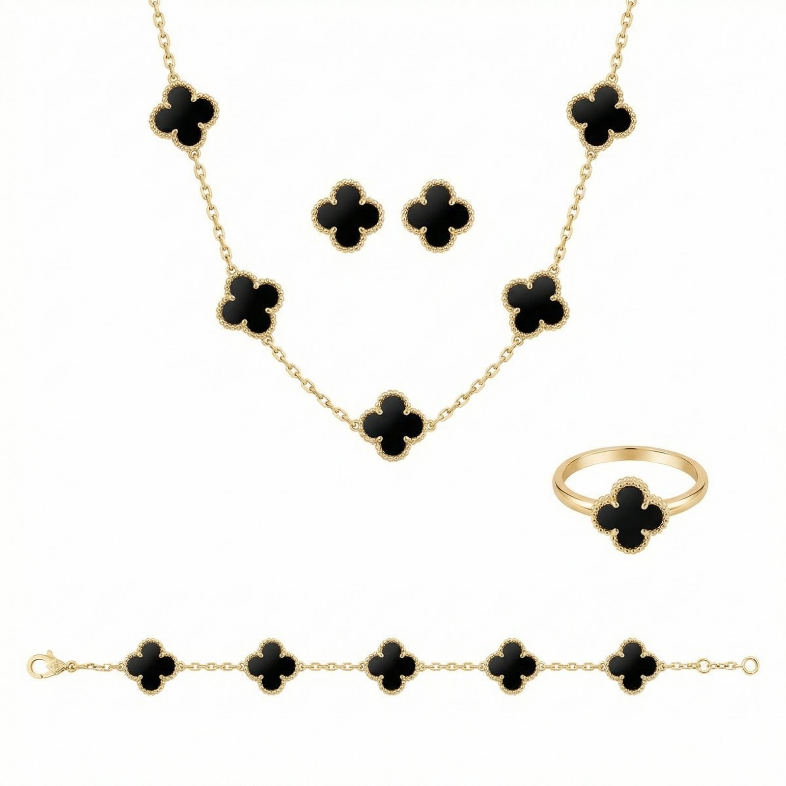 1 (1) PYARI18K Gold Plated Clover Design Jewellery Set for Women Necklace, Earrings, Ring & Bracelet Combo - Image 1