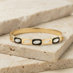 PYARI 18K Gold Plated Pearl & Black Enamel Hinged Bangle Bracelet - Image 4